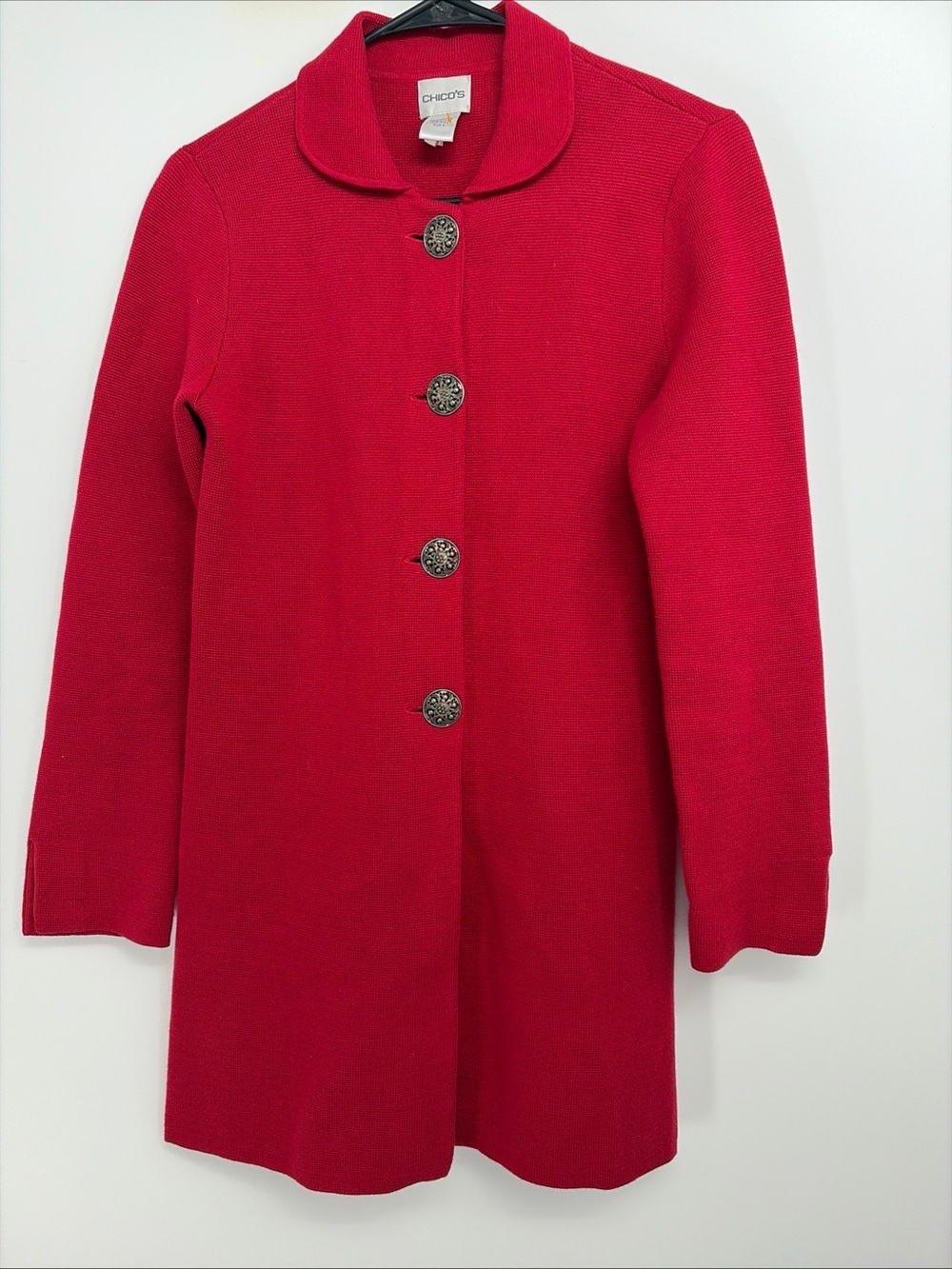 Chicos Red Classic Cotton Knit Jacket Coat Sz 0 Sm 4/6